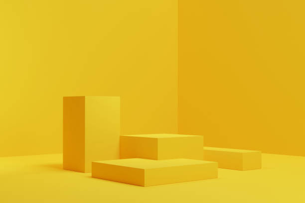 simple yellow squares podium product display stand stock background - store indoors design advertisement imagens e fotografias de stock