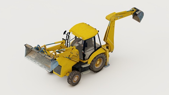 A closeup of a yellow construction vehicle, backhoe loader model on a white background