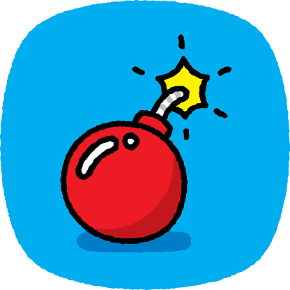 Vector illustration of a hand drawn red bomb against a blue background with textured effect.