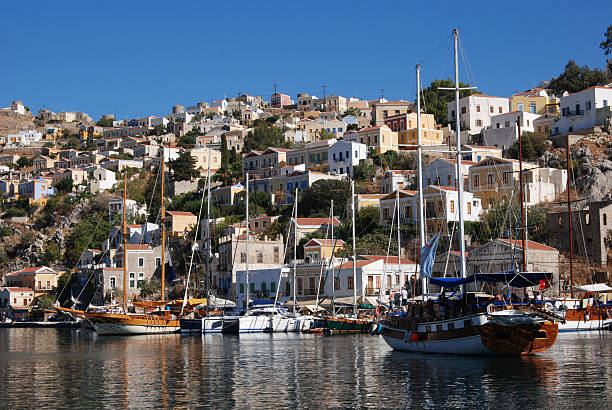 Harbour of the Symi island, Greece. stock photo