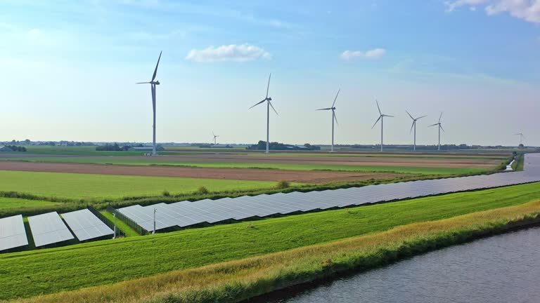 Wind, sun and water energy.  Drone  Shot