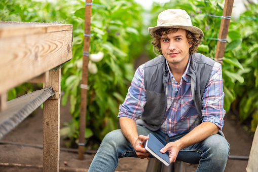 Calm vegetable grower holding a notebook and pencil in his hands sitting on the overturned bucket in the greenhouse