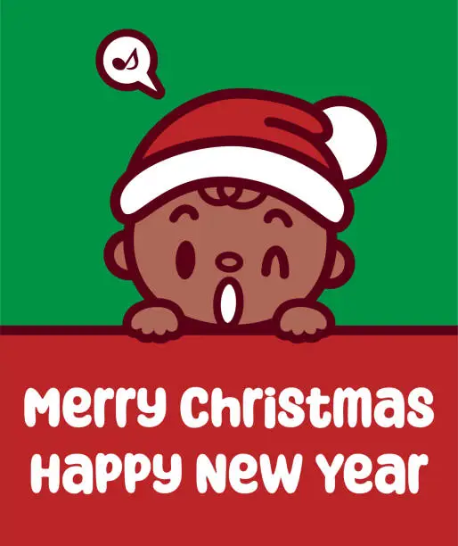 Vector illustration of A cute baby wearing a Santa hat holds a sign and wishes you a Merry Christmas and a Happy New Year