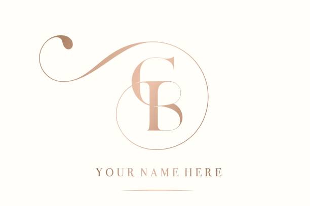 CB monogram logo. Elegant decorative swirl letter b, letter c signature icon. Serif alphabet initials. Lettering sign isolated on light background. Beauty boutique, wedding, luxury fashion brand identity font characters. Deco design typography style letter mark. Rose gold color. a b c stock illustrations