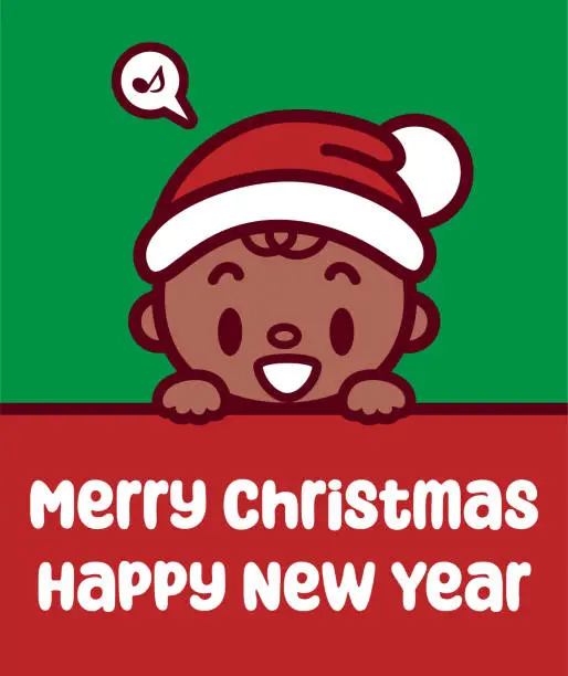 Vector illustration of A cute baby wearing a Santa hat holds a sign and wishes you a Merry Christmas and a Happy New Year