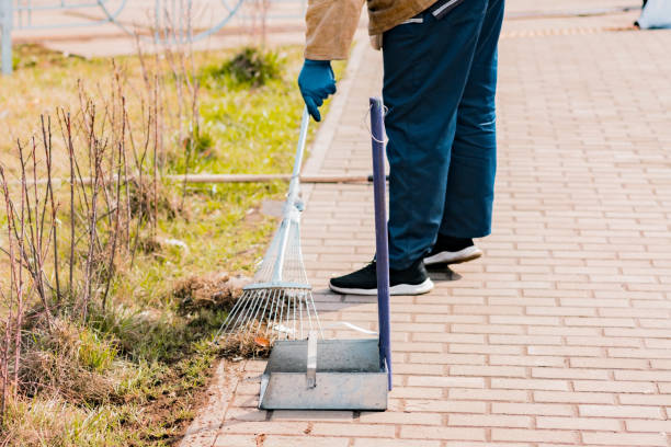 istock Metallic scoop stands on the ground while janitor man sweeps the pavement with an iron broom on the background. Broomstick. Street sanitation. Cleaning grass. Worker. Job. Street. Outdoor. City 1451321913