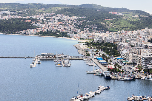 Kavala - Greece. July 13, 2022: Floating marina is equipped with mooring fingers for easy access, and each berth has water and power supply points to attracts more visitors to city during a  year