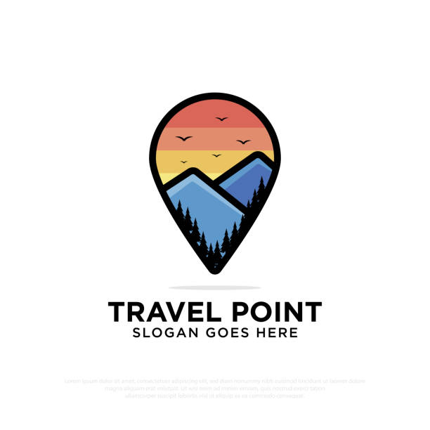 Travel Point Agency logo design with mountain nature park and pin destination shape vector illustration Travel Point Agency logo design with mountain nature park and pin destination shape vector illustration template agency logo stock illustrations