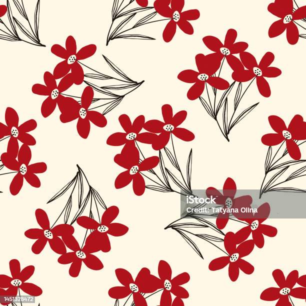 Flower Pattern Design Red Cute Bizarre Red Flowers Seamless Pattern In Doodle Style Stock ...