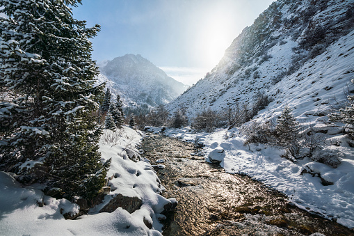 Sunny day in the snowcapped mountains. Beautiful winter landscape. River and stones covered by snow.