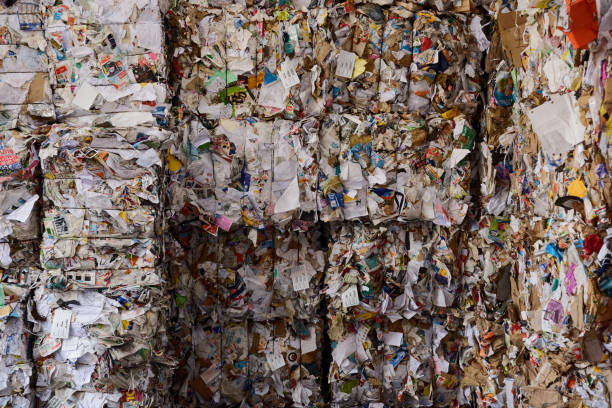 재활용 센터의 종이 더미 세부 사항, 실내 - recycling paper garbage recycling center 뉴스 사진 이미지