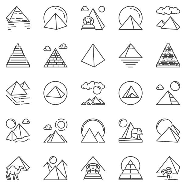 ilustrações, clipart, desenhos animados e ícones de pirâmides egípcias delineiam ícones definidos. pirâmide em símbolos vetoriais de egipto - egypt pyramid africa old