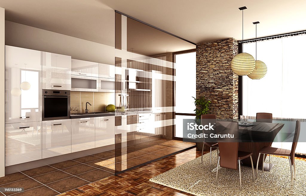modern interior.kitchen and dinner table 3d render of a modenr interior Carpet - Decor Stock Photo