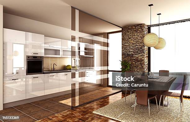 Modern Interiorkitchen And Dinner Table Stock Photo - Download Image Now - Carpet - Decor, Dinner, Drinking Glass