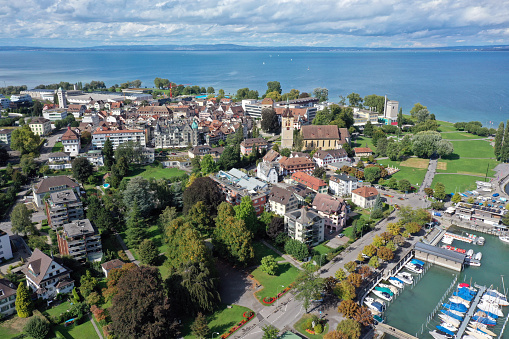Arbon cityscape and lake Bodensee. Arbon is a City in the canton of Thurgau located at the Lake Bodensee. The city has 13'500 residents. The image was captured during autumn season.