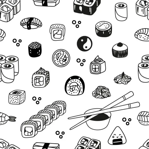 Vector illustration of Japanese sushi roll set seamless pattern in hand drawn doodle style. Asian food for restaurants menu