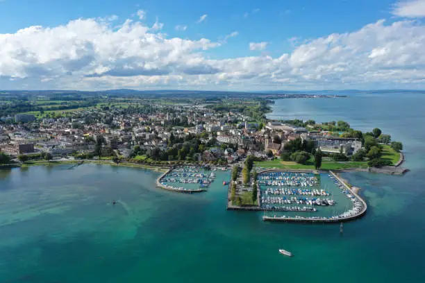 Arbon cityscape and lake Bodensee. Arbon is a City in the canton of Thurgau located at the Lake Bodensee. The city has 13'500 residents. The image was captured during autumn season.