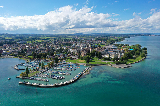 Arbon cityscape and lake Bodensee. Arbon is a City in the canton of Thurgau located at the Lake Bodensee. The city has 13'500 residents. The image was captured during autumn season.