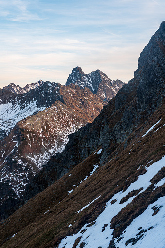 Cubrina,Mengusovsky stit, Rysy, Niznie Rysy and Szpiglasowy Wierch mountain peaks from Hladke sedlo mountain pass in autumn High Tatras mountains