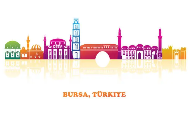 Vector illustration of Colourfull Skyline panorama of city of Bursa, Turkiye