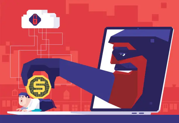 Vector illustration of hacker holding electronic coin and hitting businessman on laptop