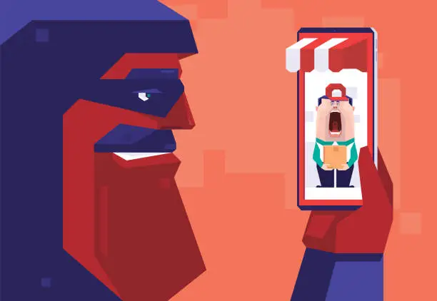 Vector illustration of hacker holding smartphone with screaming courier