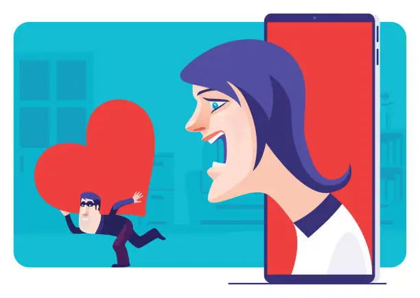 Vector illustration of woman screaming when finding thief carrying heart symbol and running away on smartphone