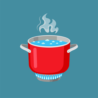 Saucepan with boiling water isolated on blue background. Pasta cooking process vector illustrations. Food, cooking concept
