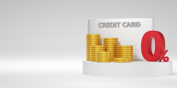 3D rendering of a 0 percent and credit card. Sale or Discount with special offers.