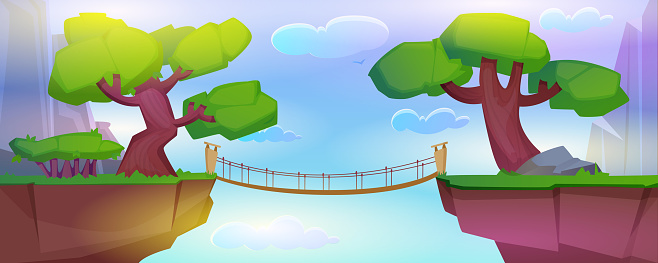 Summer landscape with mountains, plants and log bridge over precipice between cliffs. Cartoon vector illustration of rocks, green grass and trees, wooden rope footbridge over abyss at day.