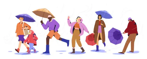 Vector illustration of Flat people with umbrellas and raincoats walking in puddles at rainy day