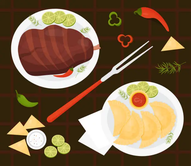Vector illustration of latin american food. Fried pork leg grilled meat and Mexican Empanadas in plate with sauce, fork, chili peppers and lime slices on dark brown background. Vector illustration mexican dishes for design.