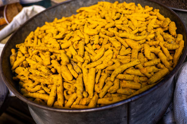 Moroccan turmeric displayed in the market store of a medina. stock photo
