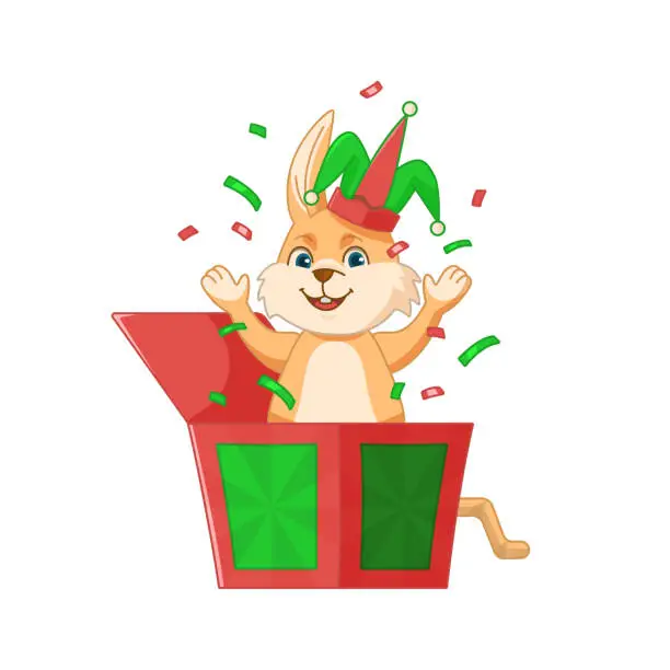 Vector illustration of Rabbit in jesters hat jumps out of box toy