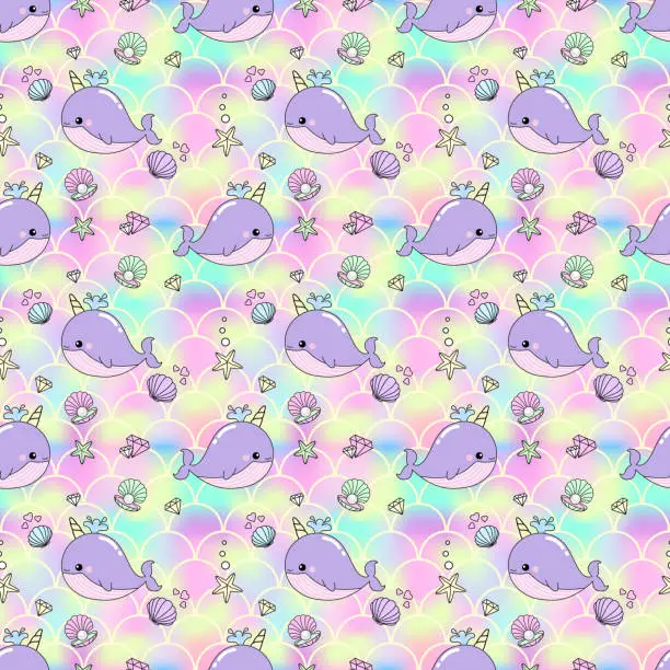 Vector illustration of Cute Seamless Pattern Narwhal rainbow