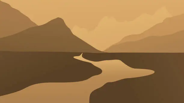 Vector illustration of River in the mountains. Mountain landscape illustration. Brown color. Background for the site, social networks, desktop.