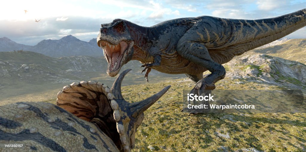 Tyrannosaurus and Triceratops from the Cretaceous era 3D illustration - Royalty-free Triceratops Stok görsel