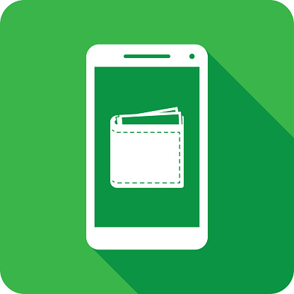 Vector illustration of a smartphone with wallet icon against a green background in flat style.