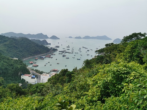 Mountain and panoramic view on the top of Cat Ba Island to Halong Bay in Vietnam. Unesco World Heritage Site. Cat Ba. Vietnam. Asia. December 2019