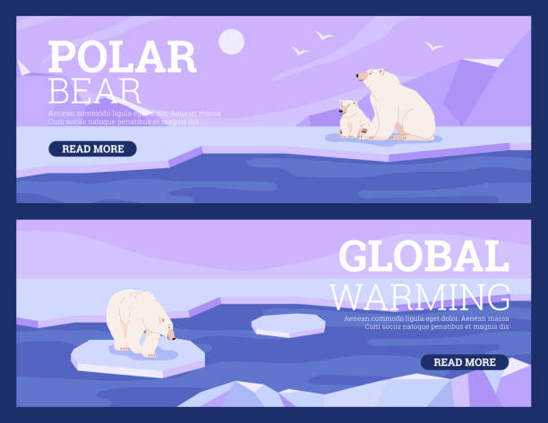 nördlicher naturschutz und globale erwärmung banner flache vektorillustration. - polar bear arctic global warming nature stock-grafiken, -clipart, -cartoons und -symbole