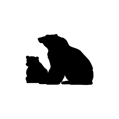 Mother and baby bears silhouettes cartoon vector illustration isolated on white background. Family of bears silhouette dark shape or outline monochrome image.