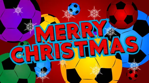 Vector illustration of Football ball with Merry Christmas text. Cartoon sport poster.