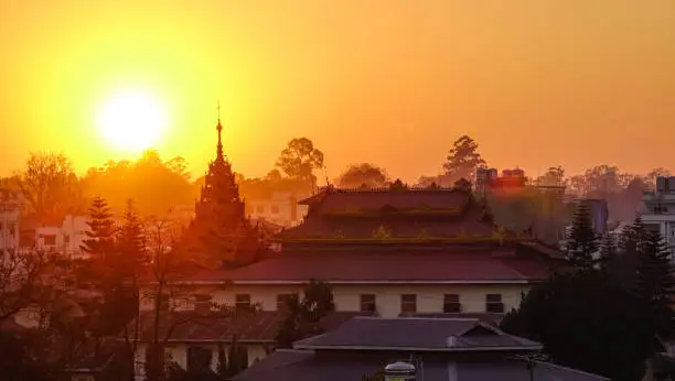 Aerial view of ancient temple at sunset in Pyin Oo Lwin, Myanmar.