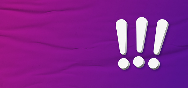 Three exclamation marks on horizontal textured purple background with empty space for message.