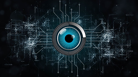 Electronic eye futuristic technology between information connecting lines - abstract technology concept background - 3D Illustration