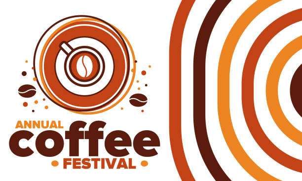 커피 축제. 커피 애호가를 위해. 커피 업계 전문가들을 위한 이벤트. 카페, 레스토랑, 커피 로스터. 직원 학교의 바리스타를 위한 교육 및 마스터 클래스. 커피 아트. 플랫 디자인. 창조적 인 일러 - coffee coffee crop sign cafe stock illustrations