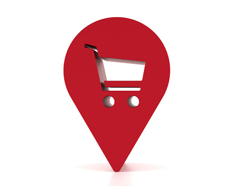 Navigation Pin With Shopping Cart icon On White Background. Searching Concept.