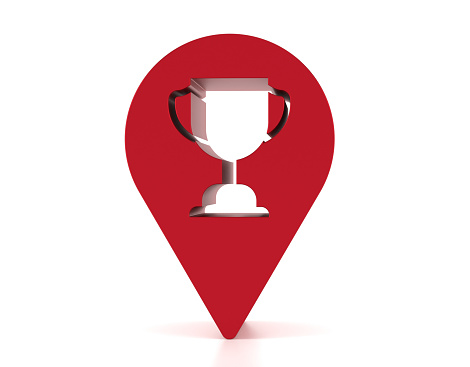 Navigation Pin With Trophy Award icon On White Background. Searching Concept.