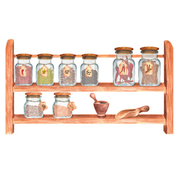 ilustrações de stock, clip art, desenhos animados e ícones de hand-drawn watercolor wooden shelf with glass jars with condiments: paprika, turmeric, chili, cinnamon, nutmeg, cardamom and anise - cardamom cinnamon mortar and pestle herb