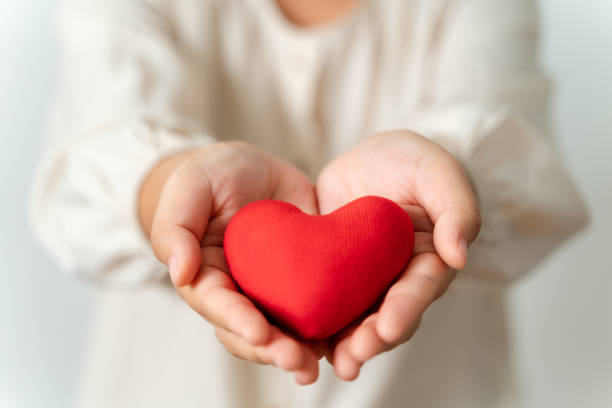 femme tenant le cœur rouge, l’amour, l’assurance maladie, le don, le bénévole de charité heureux, la journée mondiale de la santé mentale, la journée mondiale du cœur, la saint-valentin - blood blood donation healthcare and medicine giving photos et images de collection